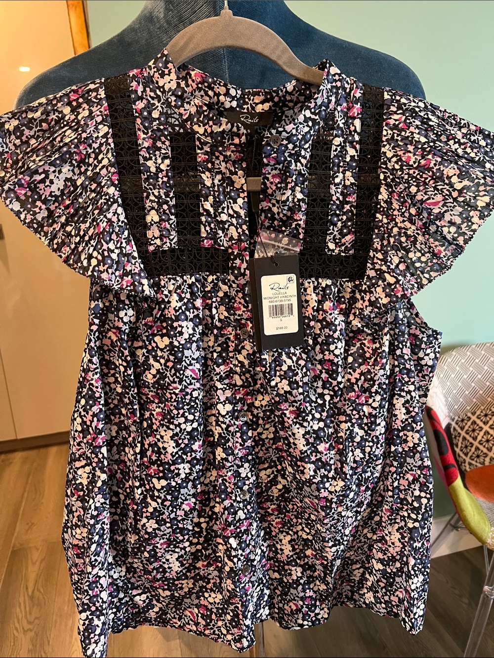 Rails Navy Floral Flutter Sleeve Top with Pink & White Accents